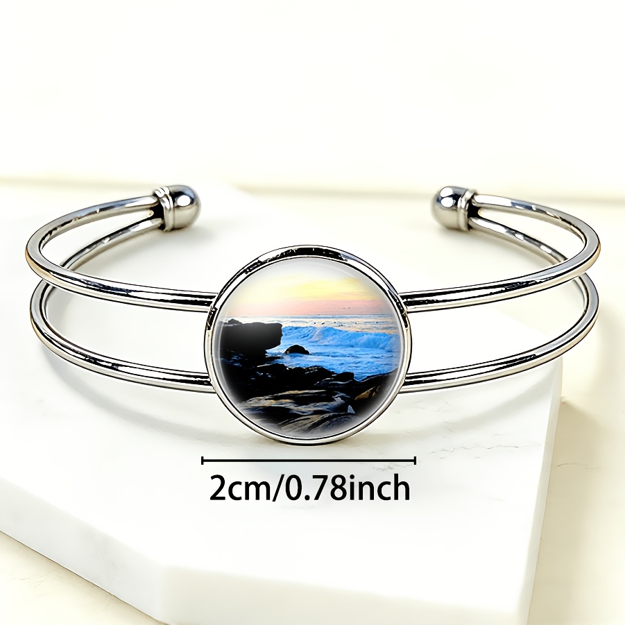 Women's Adjustable Open Bangle with Round Time Gemstone Inlay, Beach Sunset Design